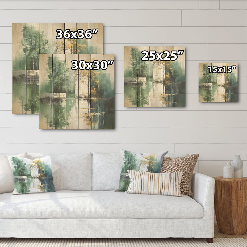 «Green and White Forest Echoes I», art mural en bois sur bois de pin naturel, H 36 po x l 36 po