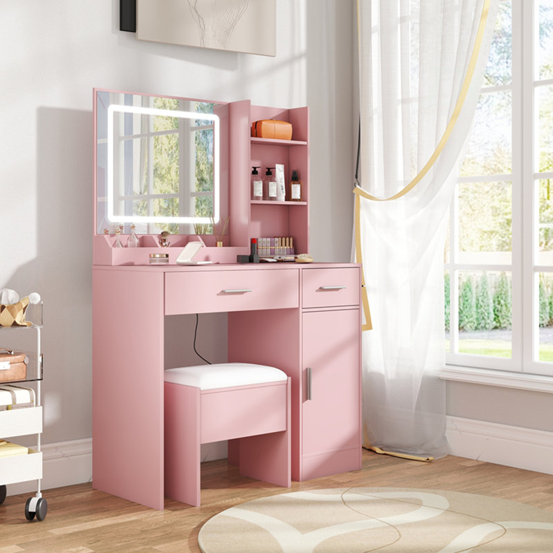 Ensemble de coiffeuse, bureau de coiffeuse avec tabouret, miroir lumineux à DEL et station de charge Lavin, Rose