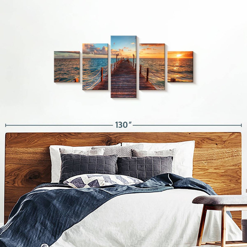 Coucher de soleil au-dessus d'un quai sur toile, ensemble de 5 pièces, H 74 po x l 34 po x P 1,25 po