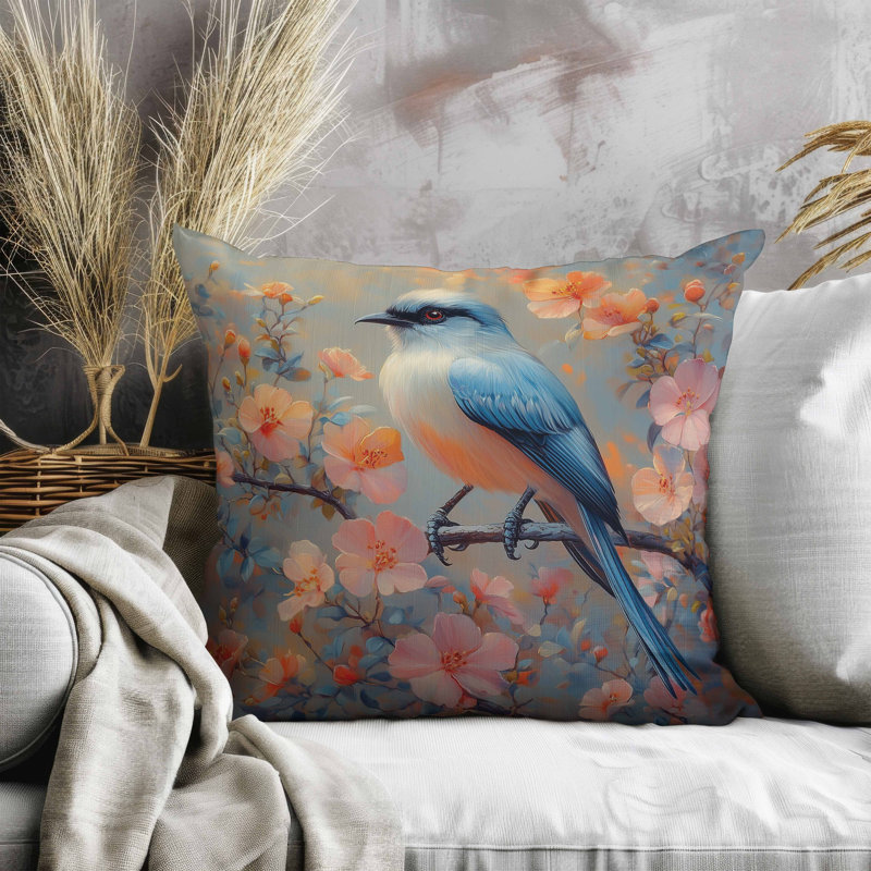 Oreiller floral en faux suède, Carré 20 po, Bleu / Orange