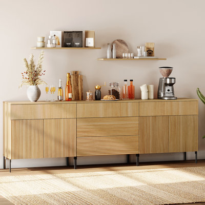 Aadham 94.5" Modern Reeded Minimalist Sideboard With Doors And Drawers, 3-In-1 Wooden Credenza Storage Cabinet For Kitchen, Dining Room
