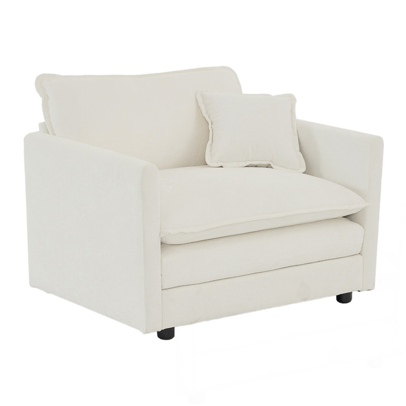Comfy Deep Single Seat Sofa Upholstered Reading Armchair Living Room Chair White Chenille Fabric , 1 Toss Pillow, White