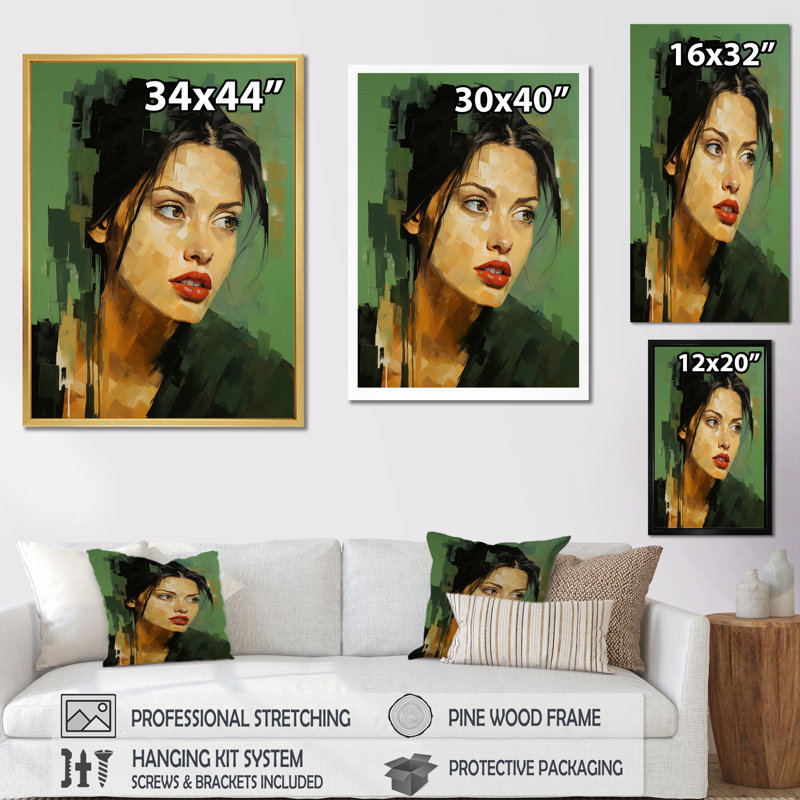 Portrait de jolie jade verte - décoration murale femme_105783, H 20 po x l 12 po x P 1 po, Cadre flottant noir