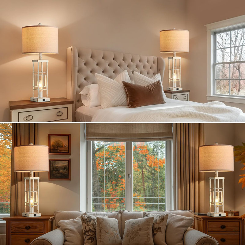 Set Of 2 Farmhouse Table Lamps With USB C+A Charging, 3-Way Dimmable Touch Control, Includes 4 LED Bulbs, Rustic Industrial Design For Bedroom, Living Room, And Office