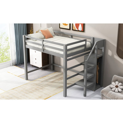 Lit mezzanine double gris avec garde-robe multifonction et escalier - Rangement fonctionnel peu encombrant