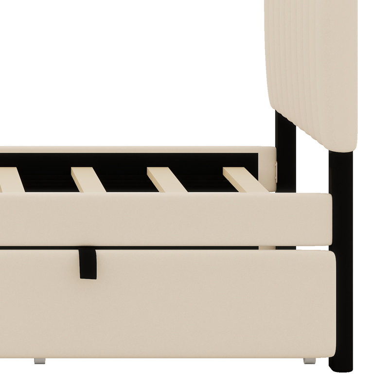Structure de lit en velours avec lit gigogne et tête de lit escamotable, Beige
