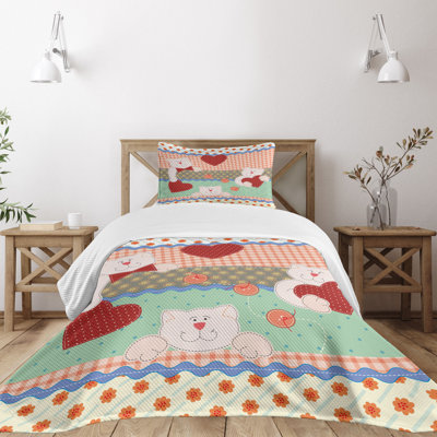 Ambesonne Shabby Flora Bedspread Teddy Bears Multicolor -  bed_35852_twin