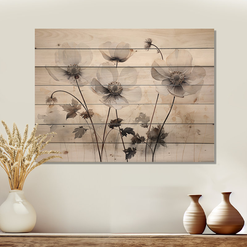 «Buttercups Fields On Grey I» - Art mural en bois sur un bois de pin naturel, H 30 po x l 40 po