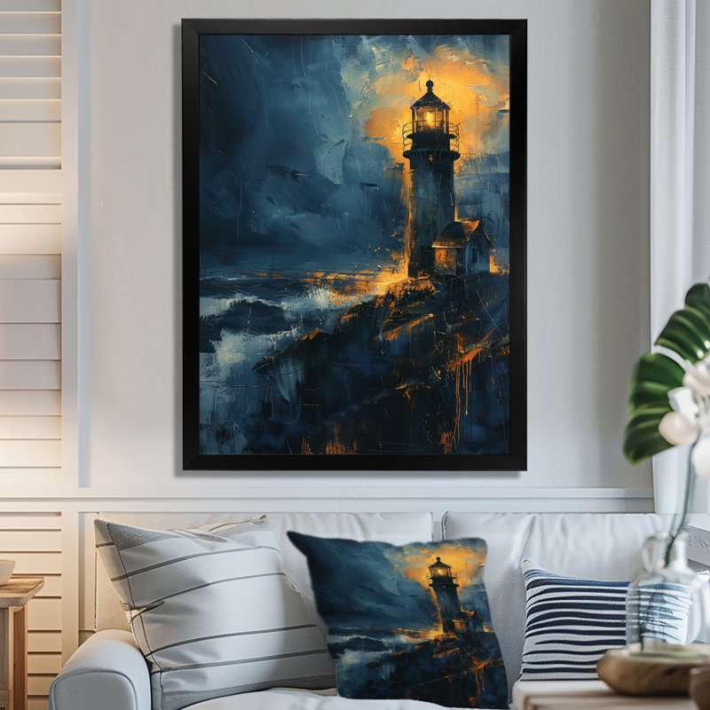 Décoration murale phare noir et bleu clair d'hiver, H 24 po x l 32 po, Toile tendue