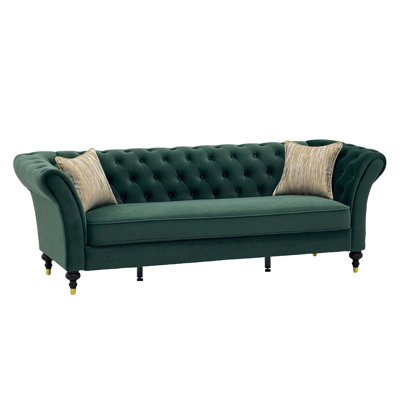FX-P31-RG (SOFA 834-14)88.5" Emerald Green Velvet Chesterfield Sofa,Deep Button Tufted 3-Seater Couch with Rolled Arms&Turned Wood Legs with Brass Accent Mid-Century Modern Velvet Sofa with 2 Pillows