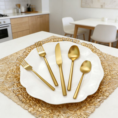 60-Piece Stainless Steel Flatware Set, Hand-Forged Hexagon Handle Cutlery Set With Matte Gold Finish, Service For 12