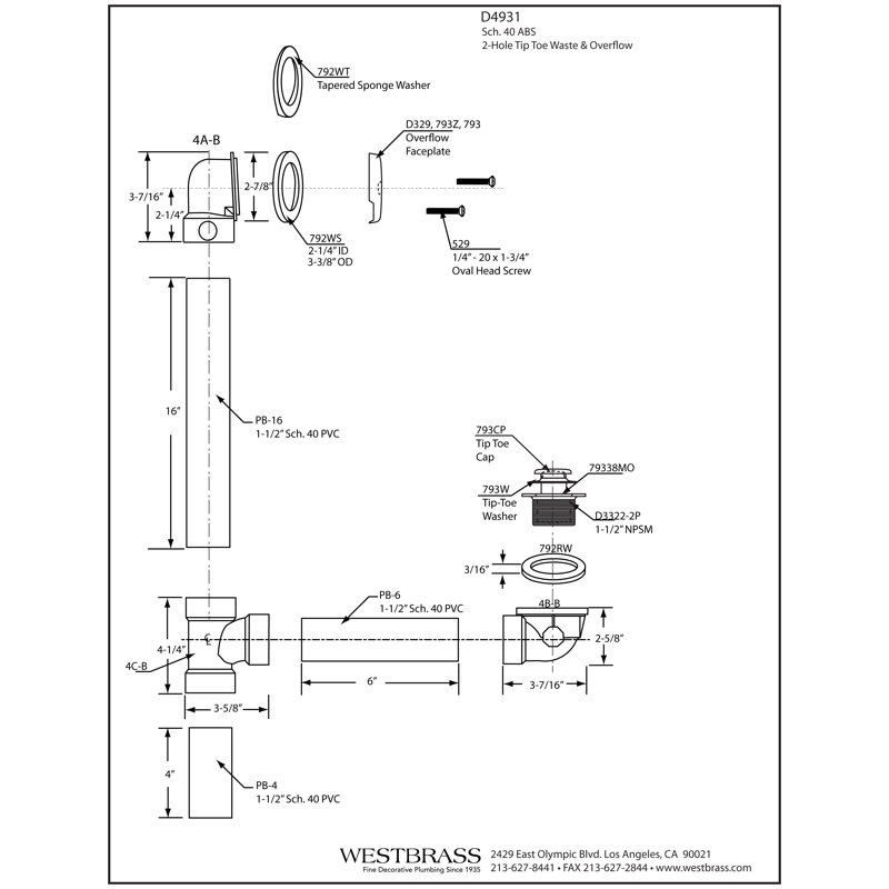 1 1-1 / 2 po x 12 po Drain de baignoire 40 pieds en ABS avec trop-plein à deux trous, Blanc thermolaqué