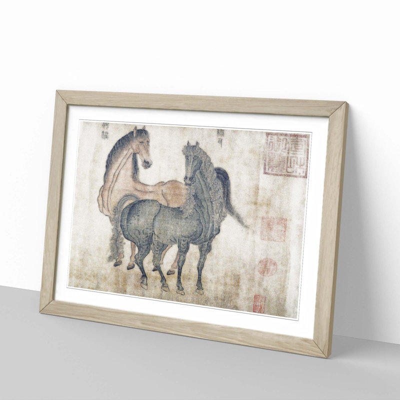 Two Horses by Zhao Mengfu - Framed Print, 48cm H x 65cm W x 2cm D, Oak Framed