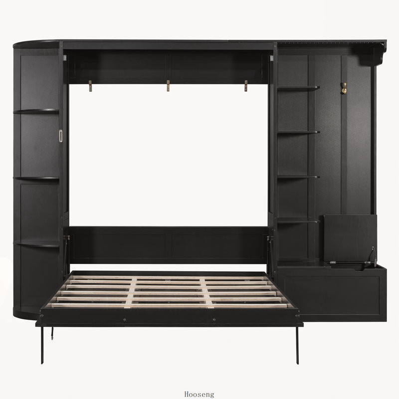 Lit escamotable Queen avec rangement et éclairage, pieds escamotables dissimulés, placage de chêne et étagères intégrées, noir