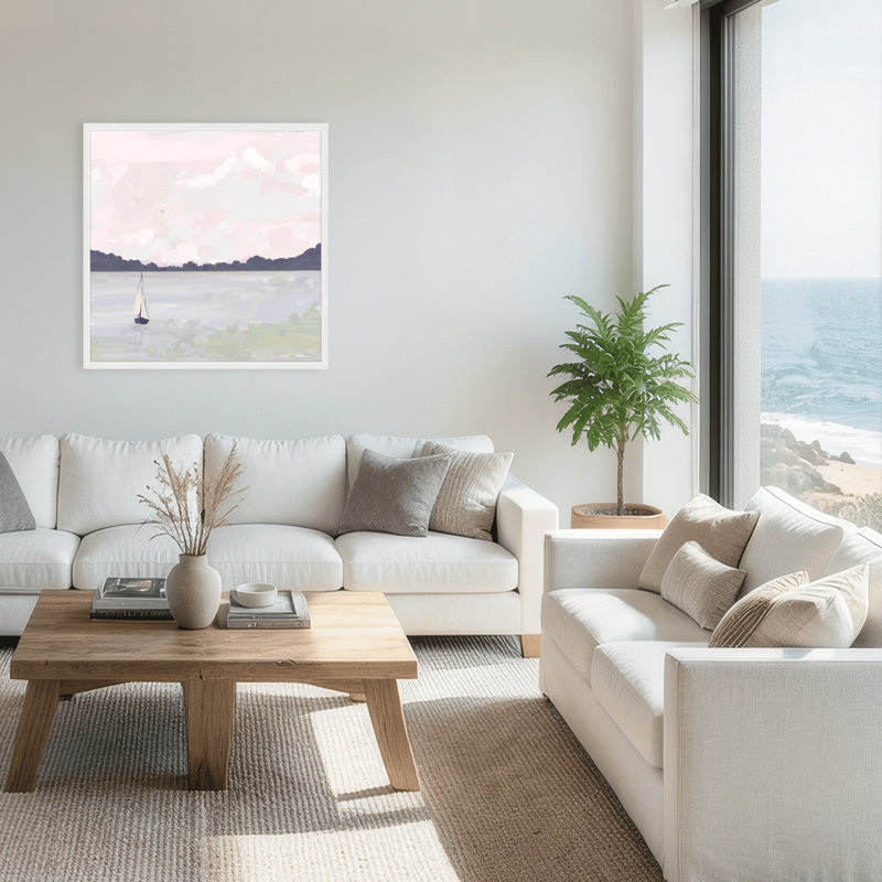Coastal Retreat Sailing Through Abstraction, 24" H x 24" W x 1.125" D, Framed Print, White