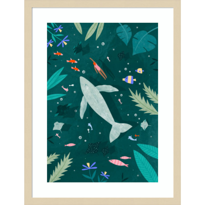 «Natation avec une baleine» par Bea Muller, reproduction d'art murale en bois encadrée, H 25 po x l 19 po