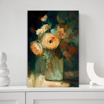 Peach Roses Green Vase Abstract Contemporary Elegant Wall Art