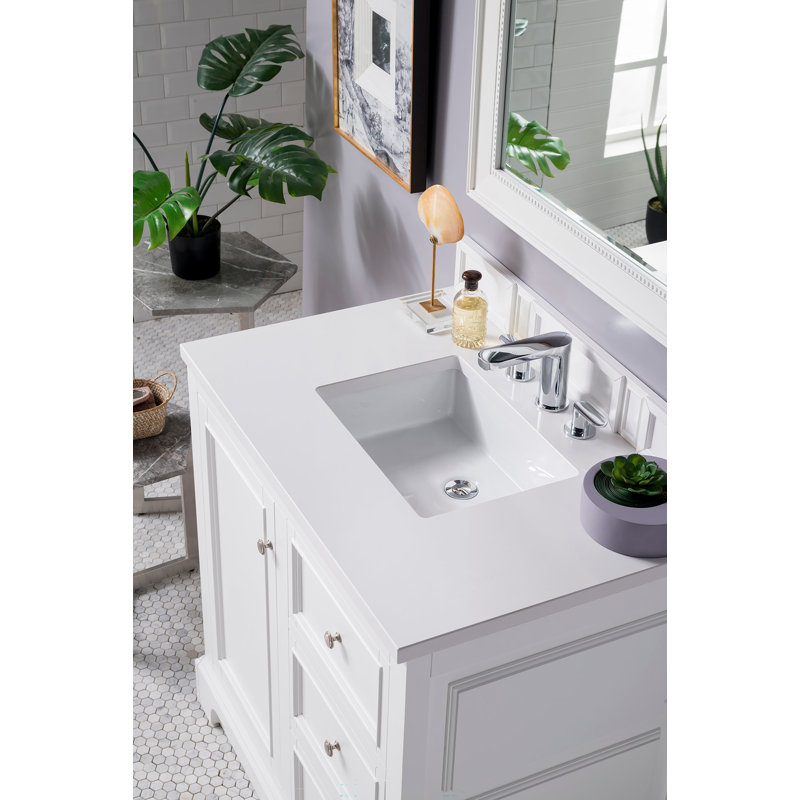 De Soto 36'' W Single Vanity, Bright White, White Zeus Quartz, 8" Widespread
