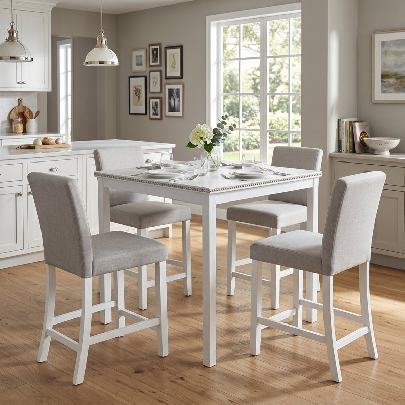 Ensemble de 5 pièces de table de cuisine en bois à hauteur de comptoir, de table carrée et 4 chaises rembourrées (blanc, cristal) et ensemble de chaises