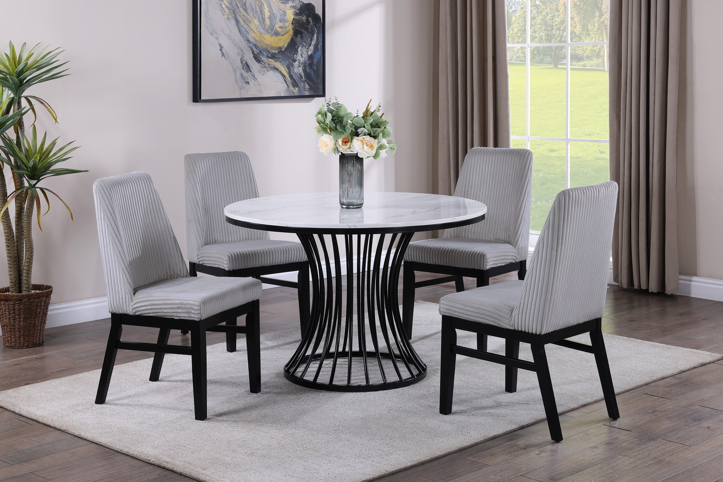 Lark Manor 5Pc Dining Set Contemporary Modern Style Faux Marble Round Table Cage Like Base ...