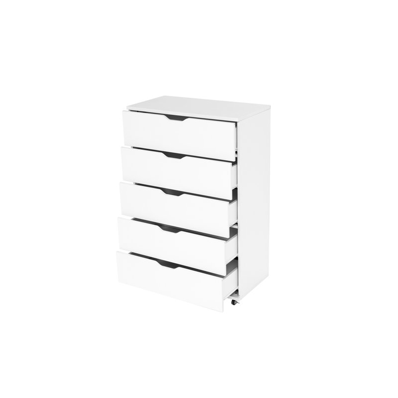 Commode de rangement blanche à 5 tiroirs avec roulettes - Armoire de rangement moderne