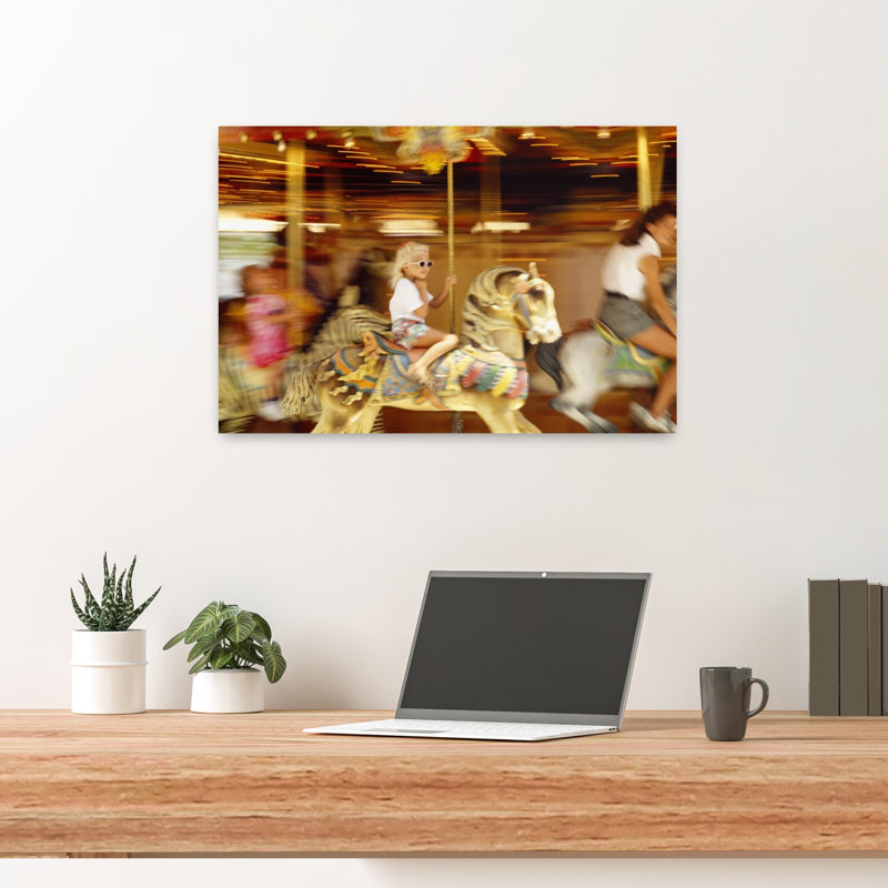 Side Profile Of A Girl And A Young Woman Sitting On Carousel Horses Navy Pier Chicago Illinois USA by Alan Klehr - Wrapped Canvas Print