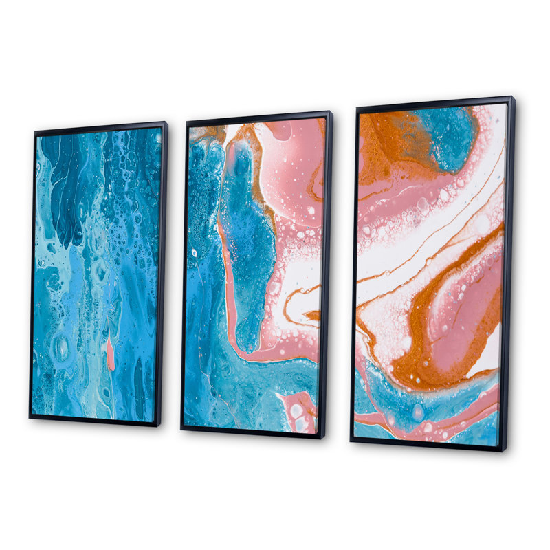 Turquoise et rose, vagues de marbre I - ensemble de 3 peintures sur toile à cadre flottant, H 32 po x l 48 po x P 1 po