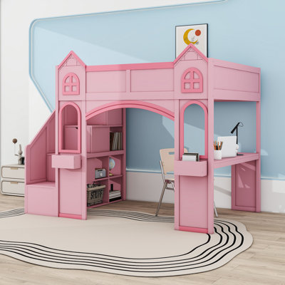 Full Wood Castle Loft Bed with Storage Staircase and Desk