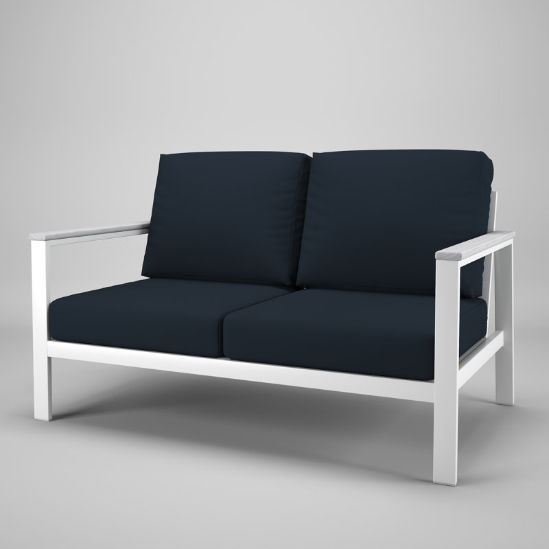 Causeuse d'extérieur en métal avec coussin Sunbrella Townsend Chatwin, Navy, Blanc