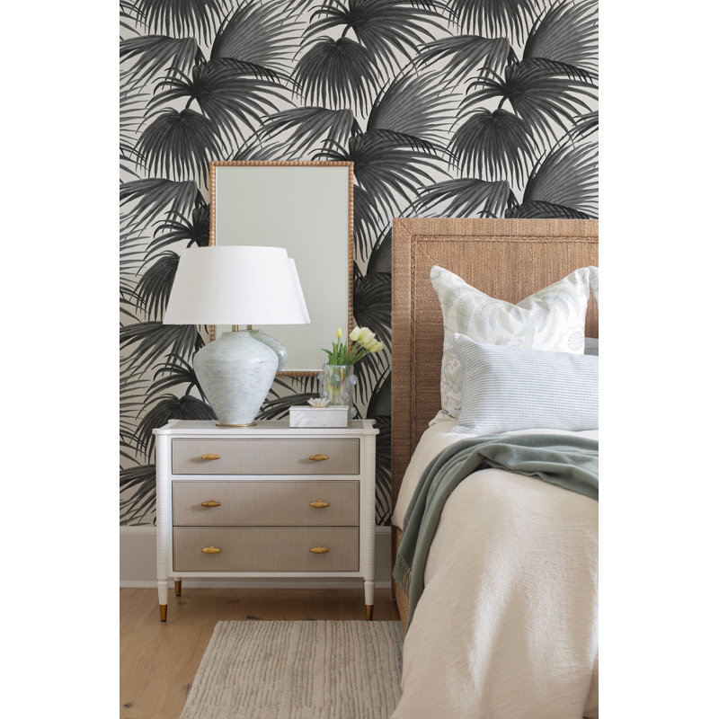 Pawley’s Island Palms Barely Wallpaper by Megan Molten, Black Linen, Faux Grasscloth
