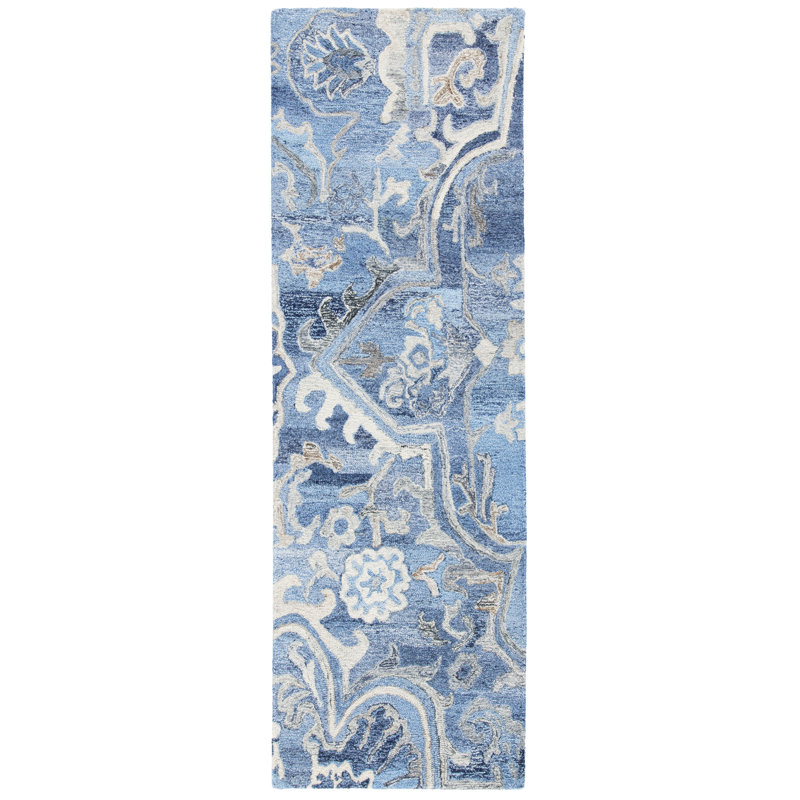Castillon Floral Handmade Tufted Blue/Gray Area Rug, Runner 2'3" x 13'