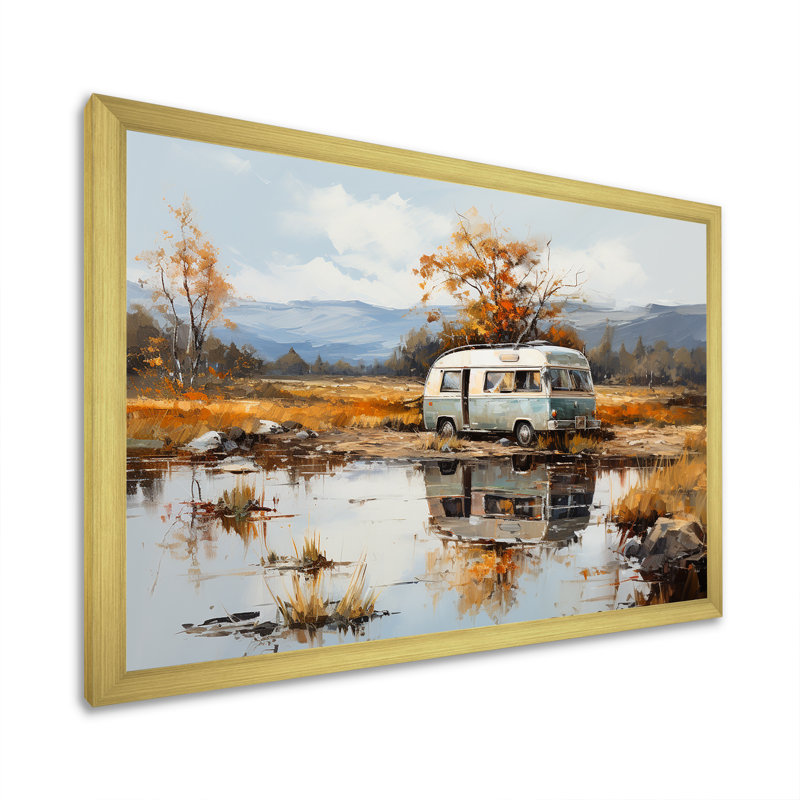 Charme de van de camping - Art mural de salon de camping, H 16 po x l 32 po x P 1 po, Cadre doré simple