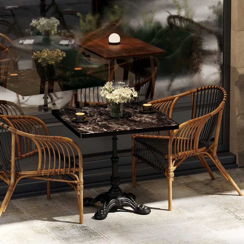 Table carrée en marbre fritté d'aspect marbre - base en fonte robuste pour bistro, café, bar et maison, Noir