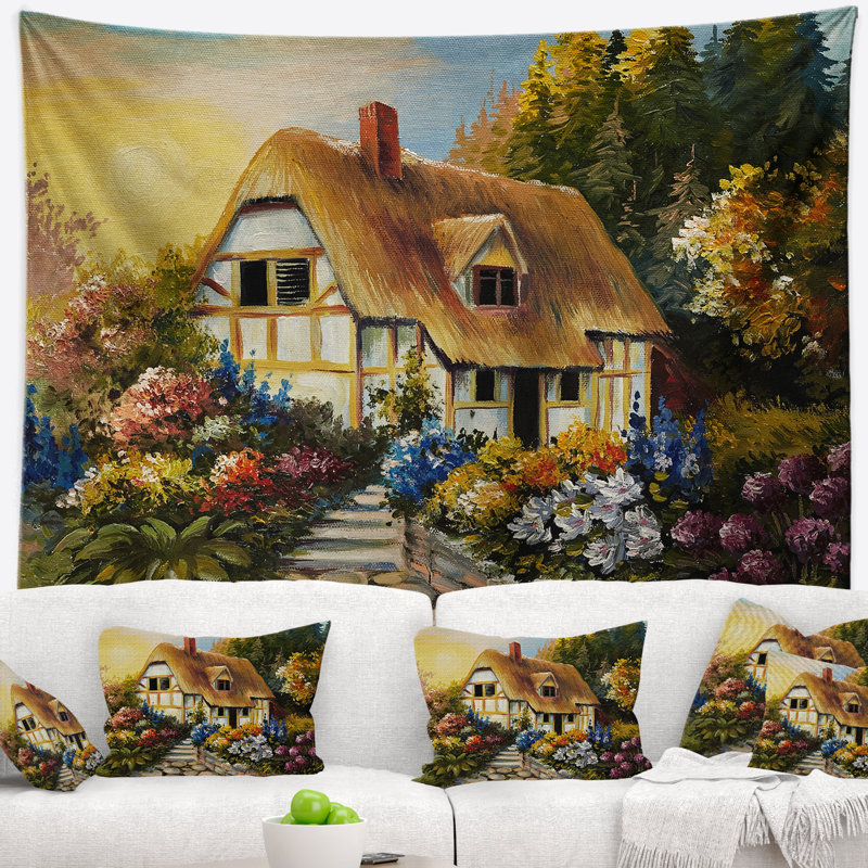Paysage, maison de fée, tapisserie de peinture à l'huile, H 50 po x l 60 po