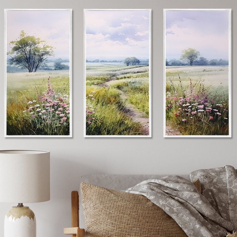 «Meadow Scenery Minimalisme Serenity II», ensemble d'art mural prairie, H 28 po x l 36 po x P 1 po, Cadre flottant blanc