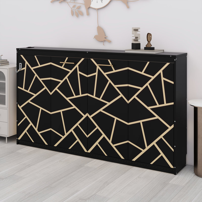 Lit escamotable contemporain à pliage latéral avec imprimé artistique, éclairage à DEL intégré et port de charge USB - Solution compacte