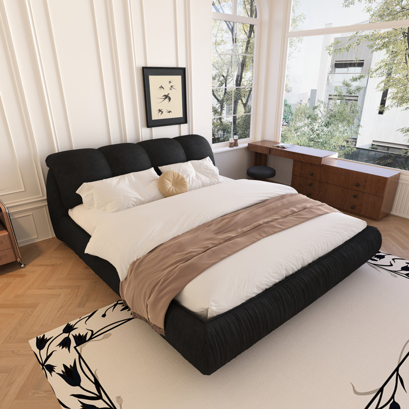 Lit pour très grand lit avec structure en bois massif, tissu doux, stable et confortable, lit noir élégant, bois, revêtement Scratch, tête de lit surdimensionnée,