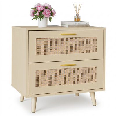 23.6" Rattan Nightstand with Charging Station, 2-Drawer Bedside Table with USB & AC Outlets, Modern Boho Bedroom Storage Cabinet, Oak