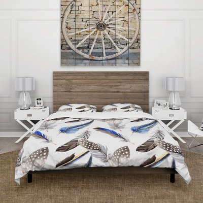 Blue Bohemian Bird Feathers II - Bohemian Duvet Cover Set - Microfiber Polyester