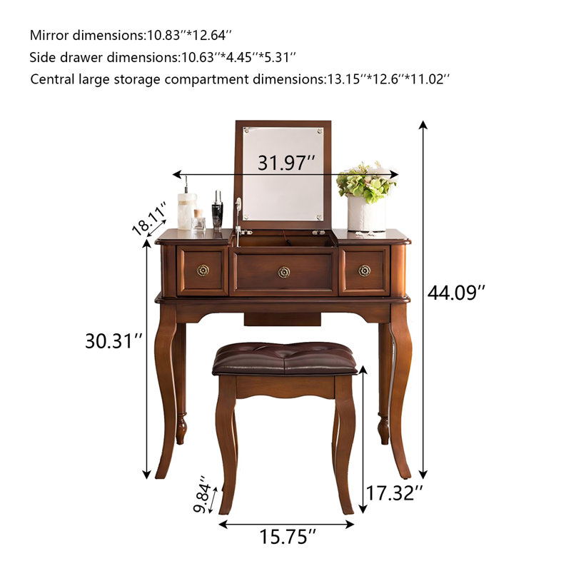 31.89"Brown Solid Wood Multifunctional Vanity With a Mirror and Stool