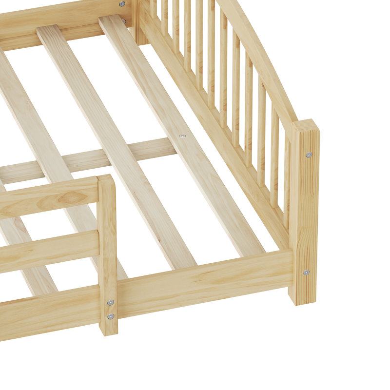 Lit bas Montessori avec rails de sécurité et tête de lit, Plein, Naturel