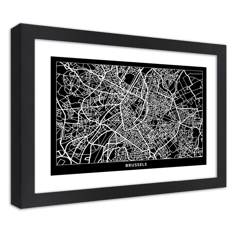 Map Of Brussels - Single Picture Frame Print, Black, 70cm H x 100cm W