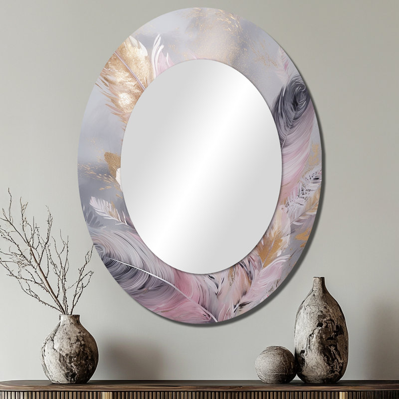 Miroir mural rose avec plumes roses Wanderlust, 40 po x 30 po