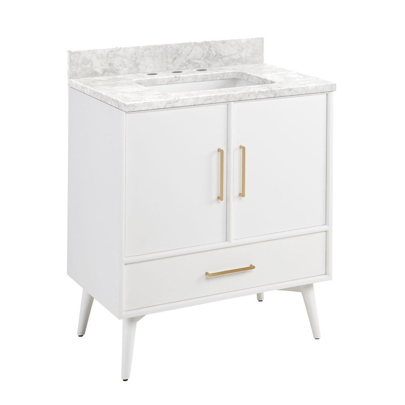 Ensemble de meuble-lavabo simple 30 po avec lavabo encastré rectangulaire Novak, Marbre de Carrare, Blanc, 8 po