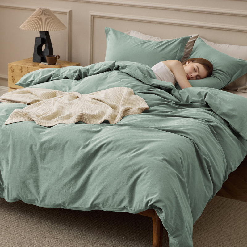 Bedsure 100% Washed Cotton Duvet Cover Queen Set - Minimalist Cotton Beding Set For All Season（set of 3）, Green
