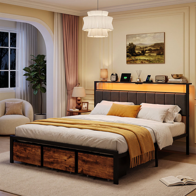 Lit plateforme rembourré avec 3 tiroirs en tissu et tête de lit ouverte avec rangement, lampe DEL réglable et station de recharge, sommier non requis.