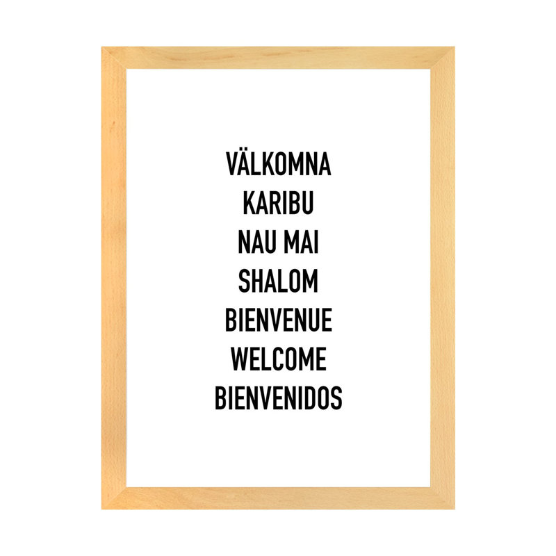 Welcome languages-impression d’art textuel, Toile avec cadre en bois beige, Blanc, H 24 po x l 16 po x P 1 po