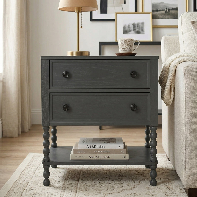 Table de bout à 2 tiroirs avec tablette ouverte, pieds tournés en chêne massif et tiroirs à fermeture en douceur, table d'appoint Farmhouse pour le salon ou la chambre à coucher, installation rapide en 15 minutes