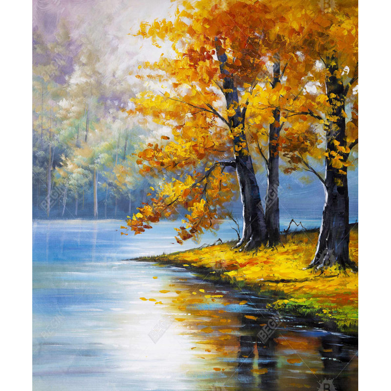 «Two Trees by the Lake», art contemporain encadré orange