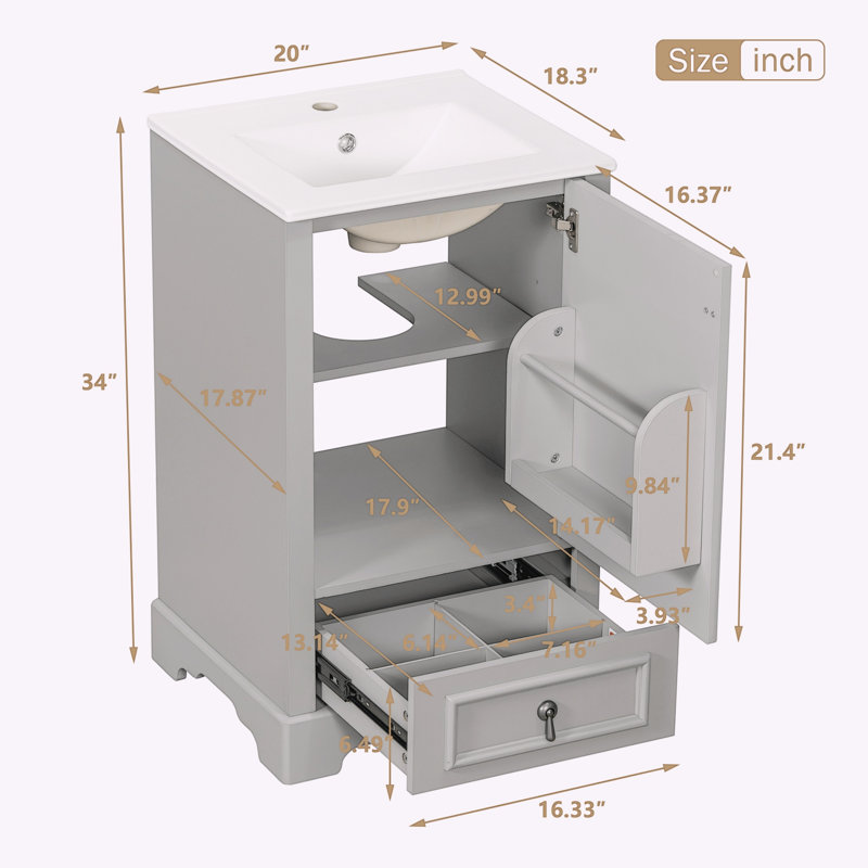 Meuble-lavabo moderne de 20 pouces avec lavabo en céramique, portes à fermeture en douceur, tablette réglable en forme de U et plusieurs options de rangement